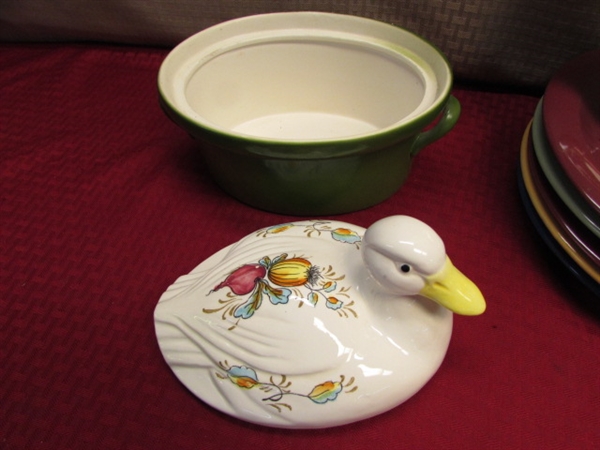 THE MAIN COURSE!  VINTAGE CANDLEWICK GLASS BUTTER DISH, DUCK CASSEROLE DISH, GIBSON DINNER PLATES, STEMWARE & . . . . 