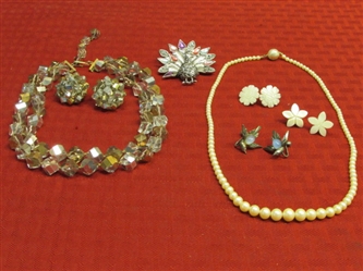 GORGEOUS VINTAGE JEWELRY-STERLING BIRD EARRINGS, VOGUE CRYSTAL NECKLACE & EARRINGS, MOTHER OF PEARL & MORE!