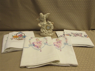 LOVELY CERAMIC ANGEL & BIRD BEDSIDE CLOCK & THREE PAIR OF NEVER USED PILLOW CASES 