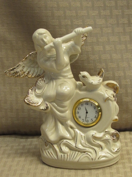 LOVELY CERAMIC ANGEL & BIRD BEDSIDE CLOCK & THREE PAIR OF NEVER USED PILLOW CASES 