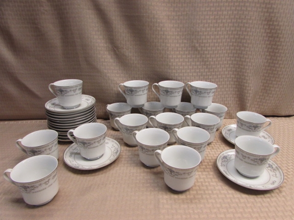 ABSOLUTELY ELEGANT, VERY LARGE SET OF DIANE FINE PORCELAIN CHINA, PLATES, BOWLS, CUPS, SAUCERS, PLUS GLASSES FOR TOASTING