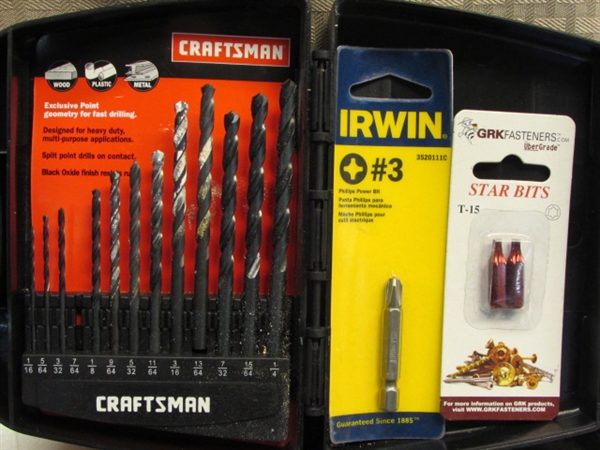A DRILL BIT FOR EVERY NEED! TWO DRILL INDEXES PLUS OVER 2 DOZEN EXTRA BITS, COOL METAL BOXES, POLISHING WHEELS & MORE