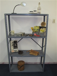 METAL UTILITY SHELF WITH TOOL BOX, TOOLS, LEATHER BELT & HAND BAG, VINTAGE KNIFE & SHARPENING STONE & MORE
