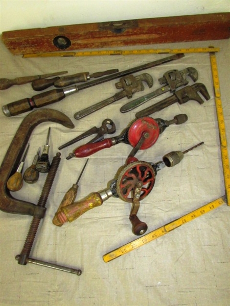 GRANDPA'S TOOL COLLECTION - WOOD LEVEL, FOLDING RULER, HAND DRILL WITH AWSOME WHEEL & MORE