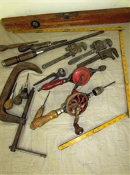 GRANDPAS TOOL COLLECTION - WOOD LEVEL, FOLDING RULER, HAND DRILL WITH AWSOME WHEEL & MORE