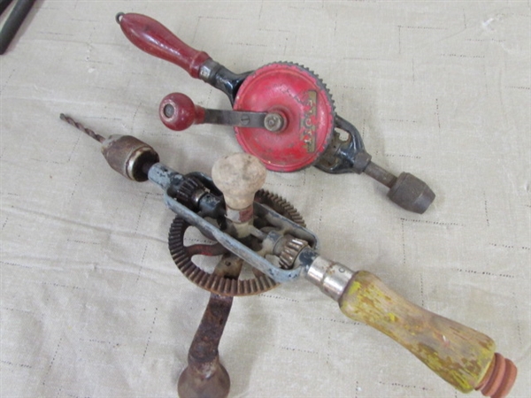 GRANDPA'S TOOL COLLECTION - WOOD LEVEL, FOLDING RULER, HAND DRILL WITH AWSOME WHEEL & MORE