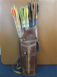  VINTAGE LEATHER ARROW QUIVER WITH ASSORTED ARROWS