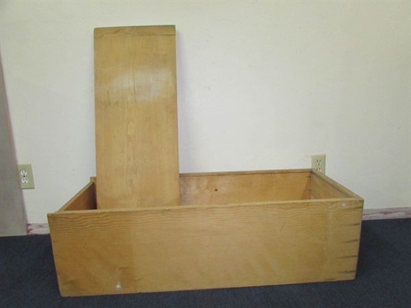  NO IT'S  NOT A COFFIN  IT'S AN UNFINISHED   LARGE SOILD WOOD BOX THAT NEEDS A JOB