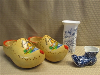 HAND CARVED & PAINTED WOOD "HOLLAND"  SHOES, CUTE VINTAGE PORCELAIN BOOT & BIRD VASE