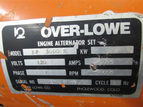 OVER-LOWE KOOL POWER 3000 ENGINE ALTERNATOR SET WITH WISCONSIN ROBIN MOTOR