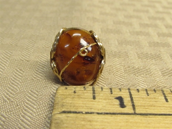 BEAUTIFUL, ONE OF A KIND GOLD WIRE WRAPPED NATURAL AMBER RING