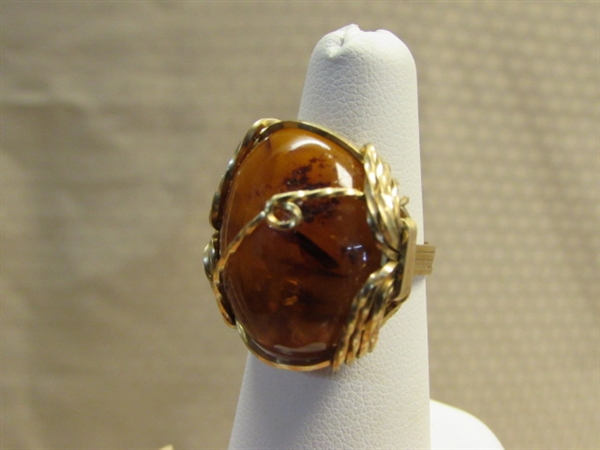 BEAUTIFUL, ONE OF A KIND GOLD WIRE WRAPPED NATURAL AMBER RING