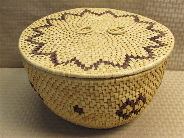 TWO NATIVE AMERICAN BASKETS & A PRETTY HAND PAINTED GOURD