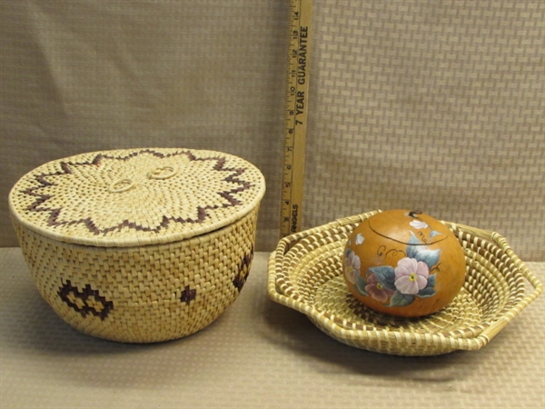 TWO NATIVE AMERICAN BASKETS & A PRETTY HAND PAINTED GOURD