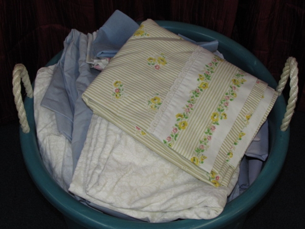 THE LINEN CLOSET!  LARGE TUB FULL OF SHEETS & PILLOW CASES