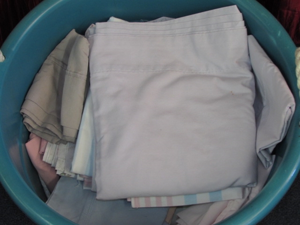 THE LINEN CLOSET!  LARGE TUB FULL OF SHEETS & PILLOW CASES