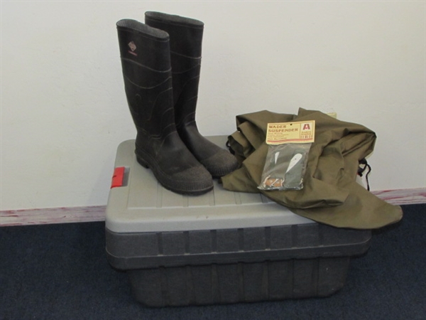 OUTDOOR GEAR TO MUCK AROUND IN PLUS STORAGE BOX TO KEEP IT IN!  RAINFAIR WADERS, SUSPENDERS & RED BALL BOOTS