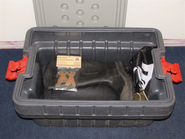 OUTDOOR GEAR TO MUCK AROUND IN PLUS STORAGE BOX TO KEEP IT IN!  RAINFAIR WADERS, SUSPENDERS & RED BALL BOOTS