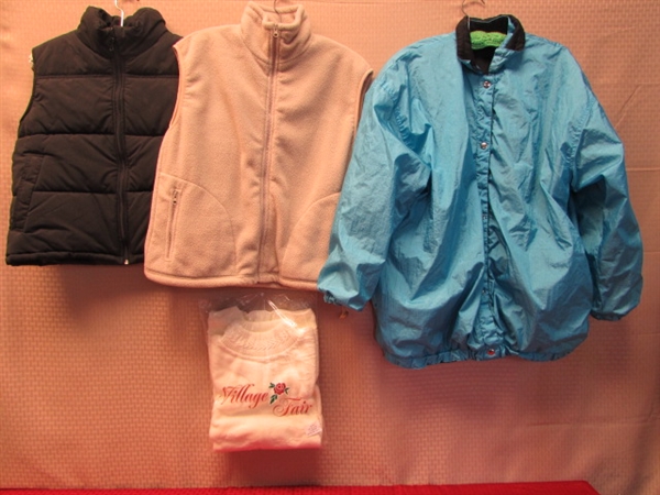 TWO VESTS, A JACKET & A NEW SWEATER, WOMEN'S LARGE