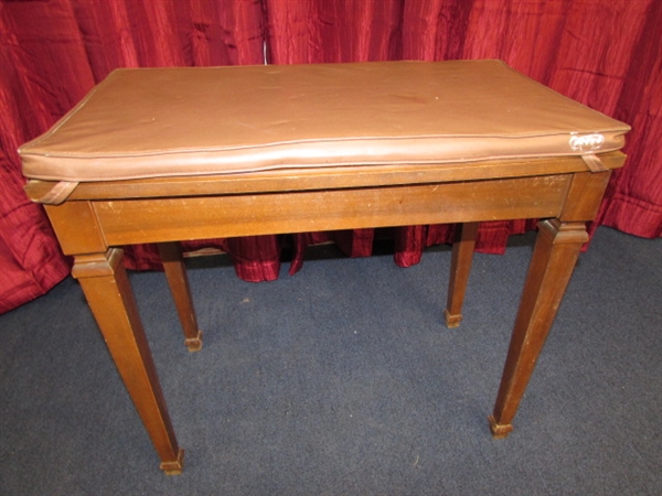 VINTAGE SOLID WOOD PIANO BENCH WITH REMOVABLE PADDED SEAT