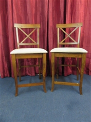 TWO TALL SOLID WOOD CROSS BACK CHAIRS WITH  UPHOLSTERED SEATS. 