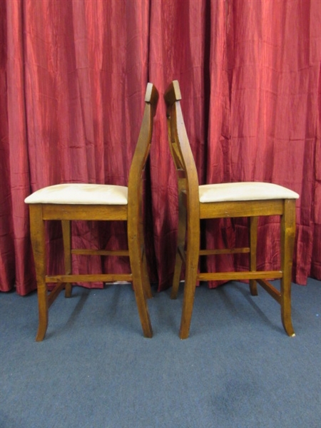TWO TALL SOLID WOOD CROSS BACK CHAIRS WITH  UPHOLSTERED SEATS. 