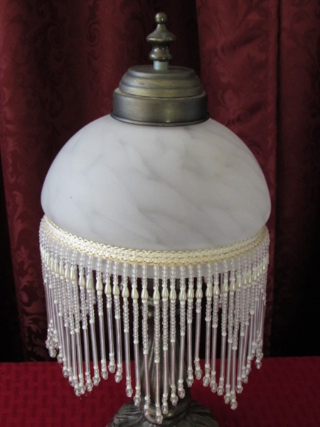 A LITTLE SHABBY, A LITTLE CHIC-ACCENT LAMP WITH BEADED GLASS SHADE, WICKER FRAMED MIRROR, RUFFLE EDGE PLATE & TRINKET BOX