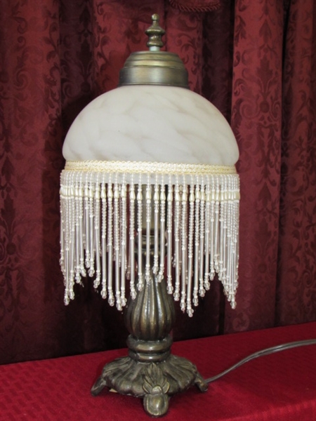 A LITTLE SHABBY, A LITTLE CHIC-ACCENT LAMP WITH BEADED GLASS SHADE, WICKER FRAMED MIRROR, RUFFLE EDGE PLATE & TRINKET BOX
