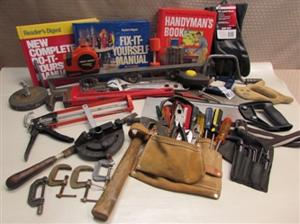 LOTS OF TOOLS FOR THE DO IT YOURSELFER!  18" PIPE WRENCH, STANLEY LEVEL & SAW, C-CLAMPS, LEATHER TOOL POUCH & MUCH MORE