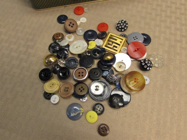 VINTAGE SEWING TREASURE-SKIRT HEMMER, BUTTON COLLECTION, SINGER BUTTON MAGIC, PINS & NEEDLES & LOTS MORE