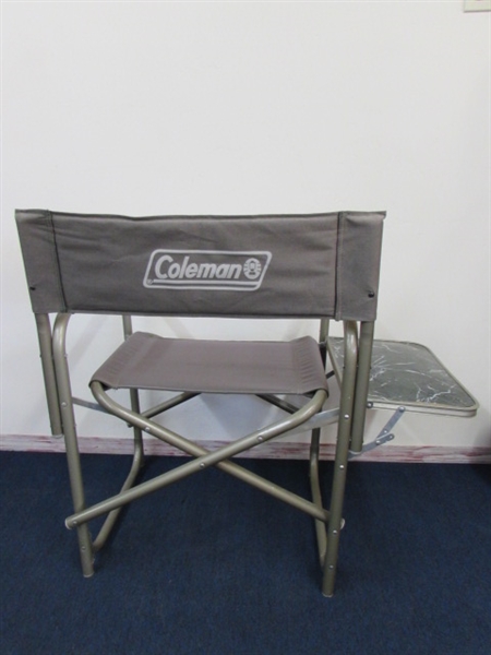 PERFECT SET UP FOR A WEEKEND FISHING TRIP-COLEMAN FOLDING CHAIR, NEW SHIMANO ROD/REEL COMBO, NET, COOLER & SLEEPING BAG