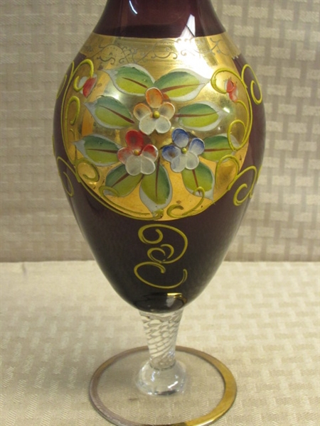VINTAGE HAND PAINTED AMETHYST GLASS VASE W/ GOLD TRIM,  SILVER RIMMED CRYSTAL BOWL & CELLULOID VANITY DISH & MORE 