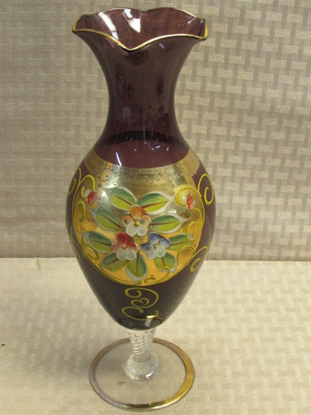 VINTAGE HAND PAINTED AMETHYST GLASS VASE W/ GOLD TRIM,  SILVER RIMMED CRYSTAL BOWL & CELLULOID VANITY DISH & MORE 