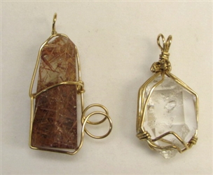 TWO ELEGANT GOLD WIRE WRAPPED PENDANTS-RUTILATED QUARTS & MYSTICAL NATURAL CRYSTAL 
