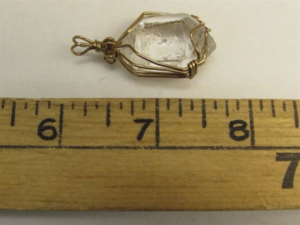 TWO ELEGANT GOLD WIRE WRAPPED PENDANTS-RUTILATED QUARTS & MYSTICAL NATURAL CRYSTAL 