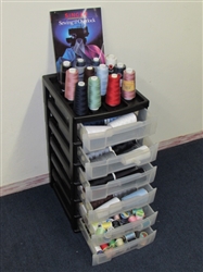 SIX DRAWER ORGANIZER FULL OF 41 LARGE SPOOLS OF SERGER THREAD, OVER 100 SMALL SPOOLS OF THREAD & MORE