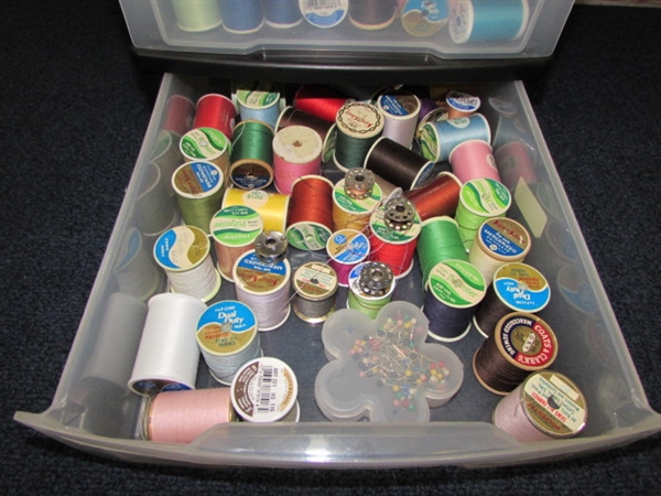 SIX DRAWER ORGANIZER FULL OF 41 LARGE SPOOLS OF SERGER THREAD, OVER 100 SMALL SPOOLS OF THREAD & MORE