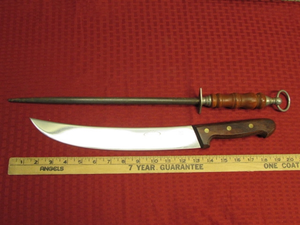 BIG DEXTER CONNOISSEUR KNIFE & F. DICK KNIFE SHARPENER-WOOD HANDLES!