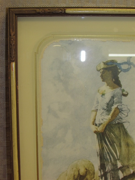 BEAUTIFUL FRAMED ANTIQUE PRINT-VICTORIAN GIRL IN FIELD WITH SHEEP