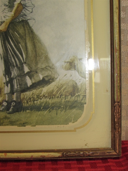 BEAUTIFUL FRAMED ANTIQUE PRINT-VICTORIAN GIRL IN FIELD WITH SHEEP