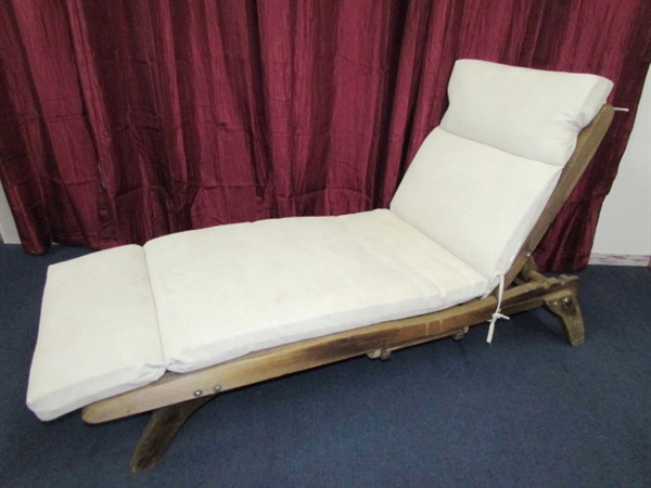 SUPER COMFORTABLE ALL WOOD CHAISE LOUNGE CHAIR WITH SLIDE OUT TABLE & CUSHION