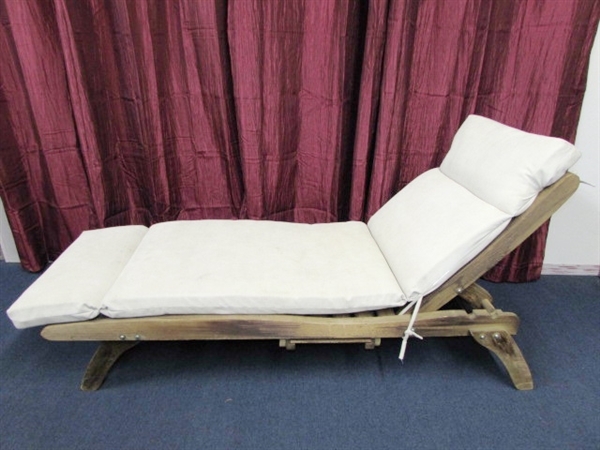 SUPER COMFORTABLE ALL WOOD CHAISE LOUNGE CHAIR WITH SLIDE OUT TABLE & CUSHION
