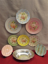 A LITTLE SHABBY, A LITTLE CHIC-8 FABULOUS TWOS COMPANY DECORATIVE PLATES & SILVER PLATE DISH