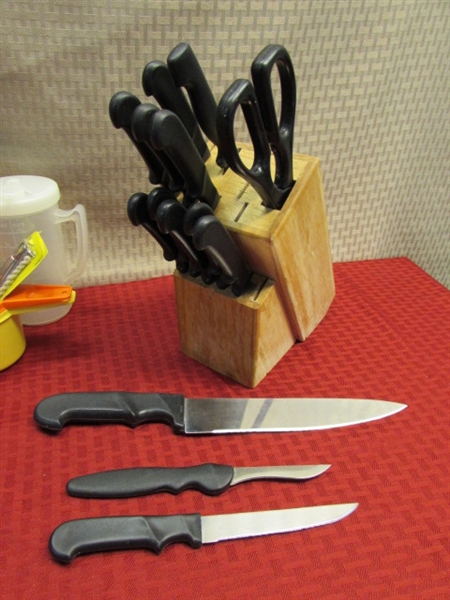GREAT KITCHEN GADGETS-LOADS OF FLATWARE, KNIVES & BLOCK, ROLLING PIN, MEASURING CUPS & MORE
