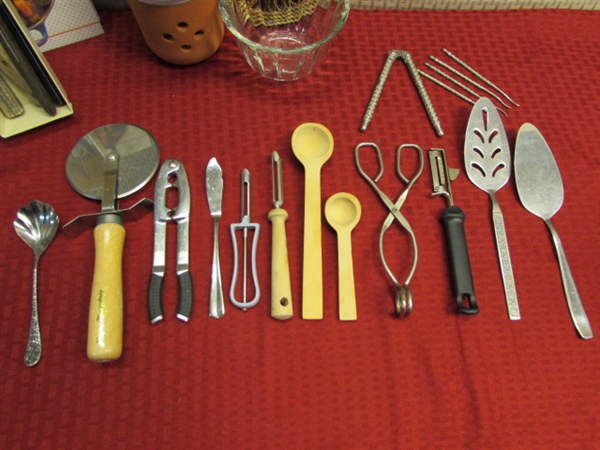 GREAT KITCHEN GADGETS-LOADS OF FLATWARE, KNIVES & BLOCK, ROLLING PIN, MEASURING CUPS & MORE
