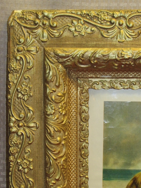 ABSOLUTELY GORGEOUS LARGE ANTIQUE GOLD GILT FRAME WITH RAISED FLORAL PATTERN & SWEET PRINT INSIDE