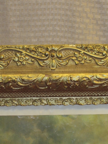 ABSOLUTELY GORGEOUS LARGE ANTIQUE GOLD GILT FRAME WITH RAISED FLORAL PATTERN & SWEET PRINT INSIDE