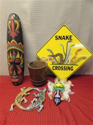 BRIGHTEN UP YOUR GARDEN OR A LIVELY SPOT IN YOUR HOME WITH NATIVE MADE MASKS, WOOD POT, GECKOS & A SNAKE CROSSING SIGN