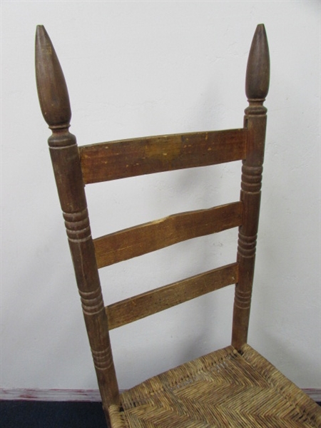 PRIMITIVE HANDMADE WOODEN LADDERBACK CHAIR WITH WOVEN SEAT- SUPER QUILT RACK OR SIDE TABLE