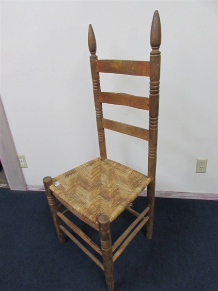 PRIMITIVE HANDMADE WOODEN LADDERBACK CHAIR WITH WOVEN SEAT- SUPER QUILT RACK OR SIDE TABLE